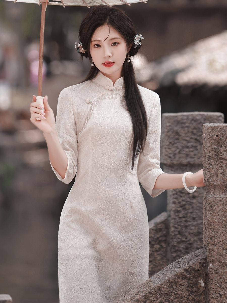 Classic Textured Long Sleeve Cheongsam