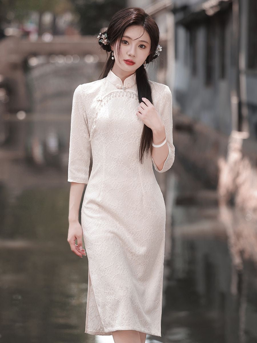 Classic Textured Long Sleeve Cheongsam