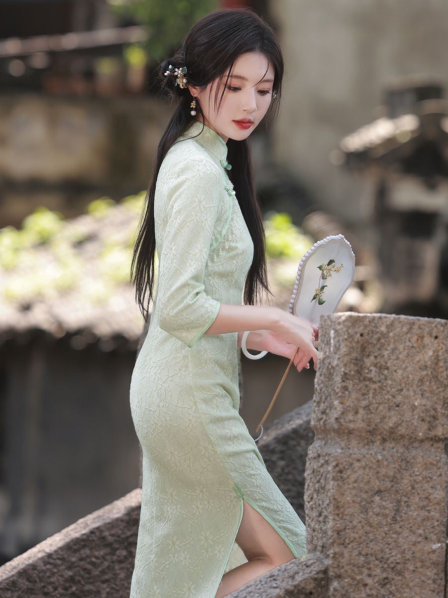 Classic Textured Long Sleeve Cheongsam