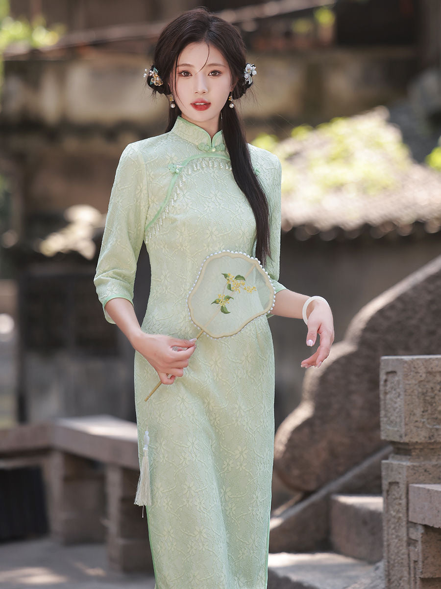 Classic Textured Long Sleeve Cheongsam