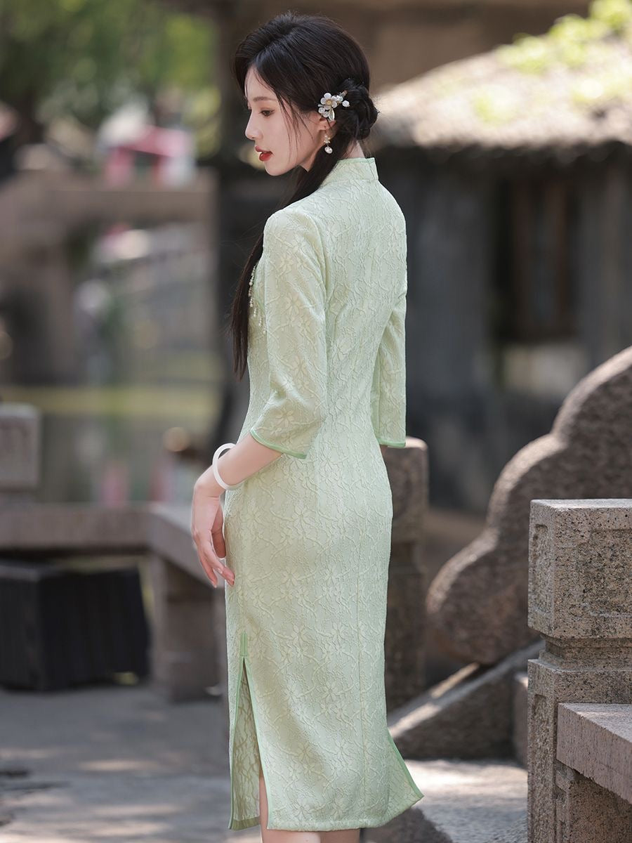 Classic Textured Long Sleeve Cheongsam