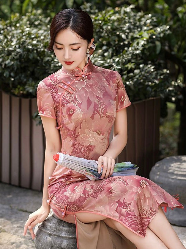 Rose Printed Short Sleeve Cheongsam