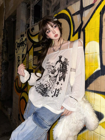 Love Print One Shoulder Loose Long Sleeve T-Shirt