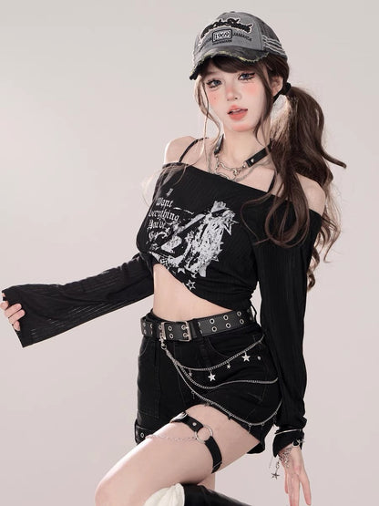 Love Print One Shoulder Loose Long Sleeve T-Shirt