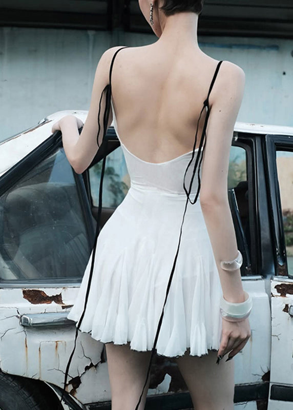 Italian White Stand Collar Tulle Mid Spaghetti Strap Dress Sleeveless