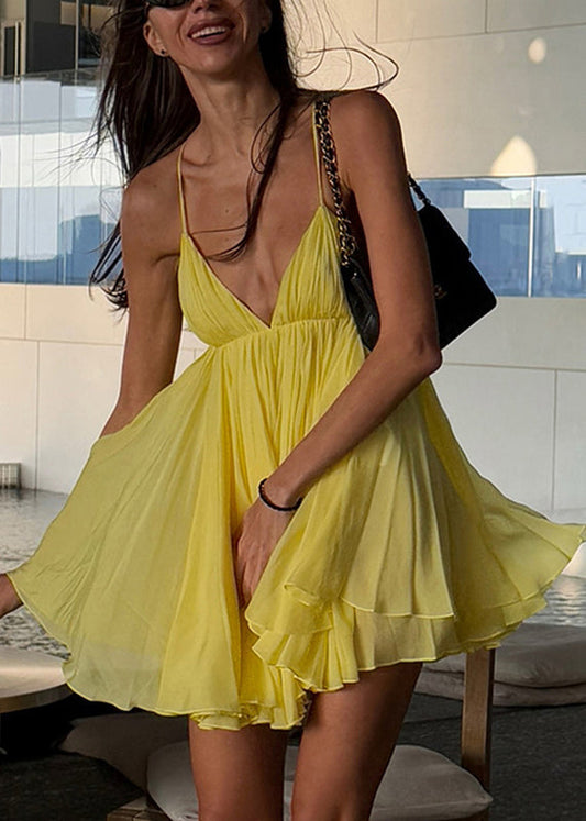 Italian Yellow V Neck Patchwork Backless Mid Spaghetti Strap Dress Summer