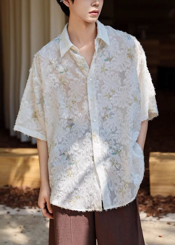 Jacquard Beige Peter Pan Collar Button Ice Silk Shirt Men Half Sleeve