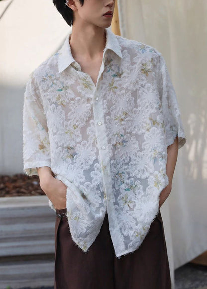 Jacquard Beige Peter Pan Collar Button Ice Silk Shirt Men Half Sleeve