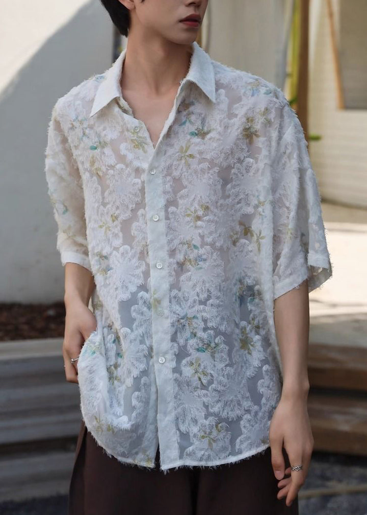 Jacquard Beige Peter Pan Collar Button Ice Silk Shirt Men Half Sleeve