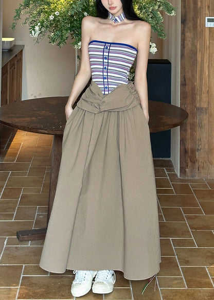 Khaki Cold Shoulder Wrinkled Maxi Dresses Sleeveless