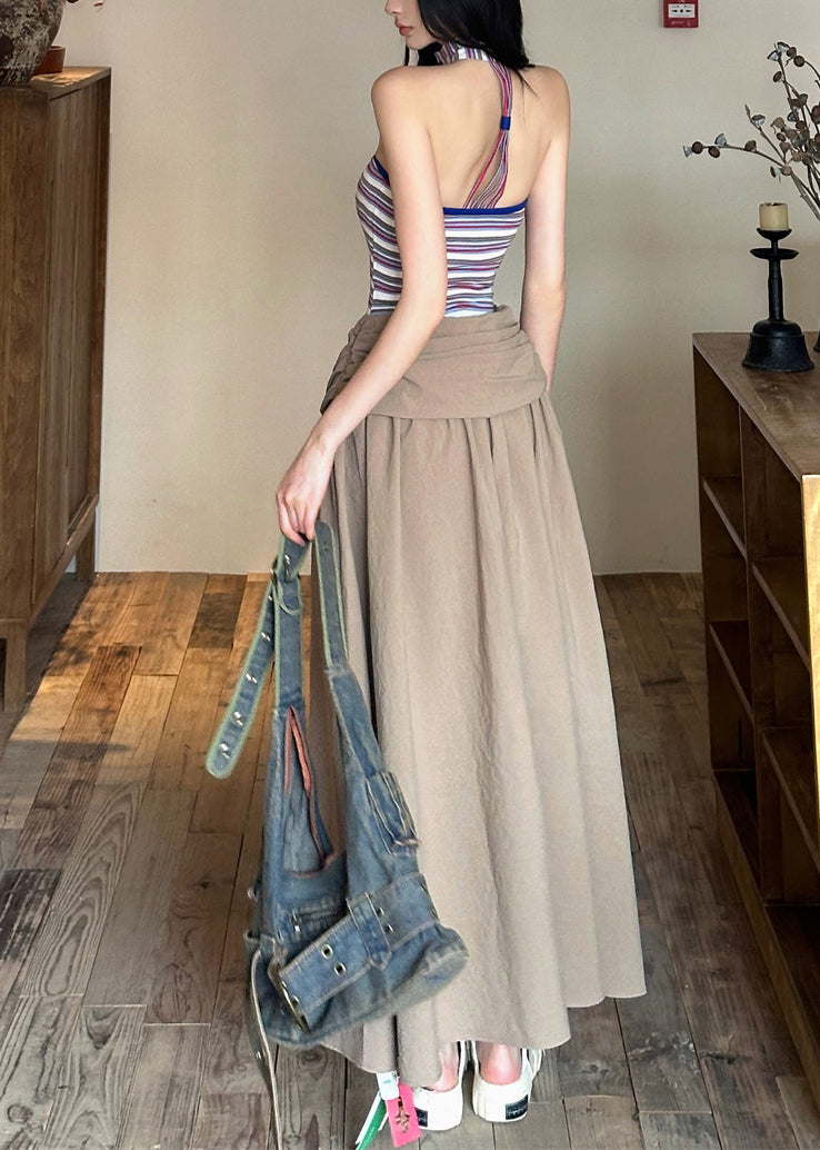 Khaki Cold Shoulder Wrinkled Maxi Dresses Sleeveless