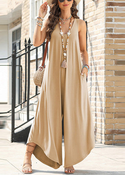 Khaki Jumpsuit Patchwork Pockets Sleeveless