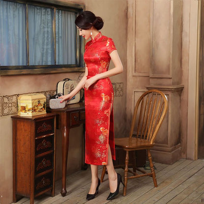 Short-Sleeve Jacquard Midi Cheongsam