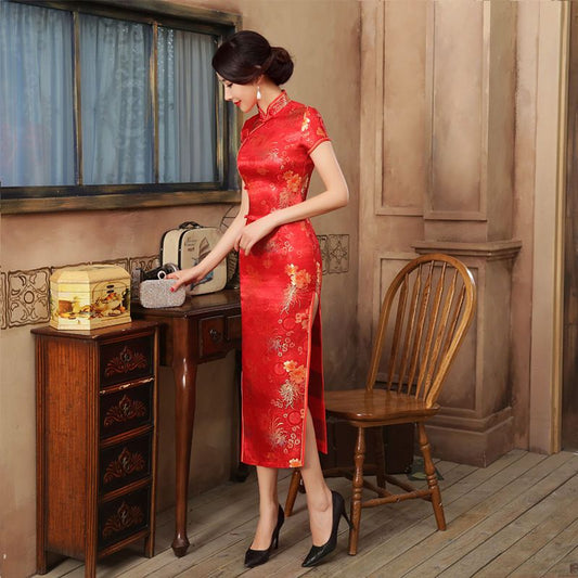 Short-Sleeve Jacquard Midi Cheongsam