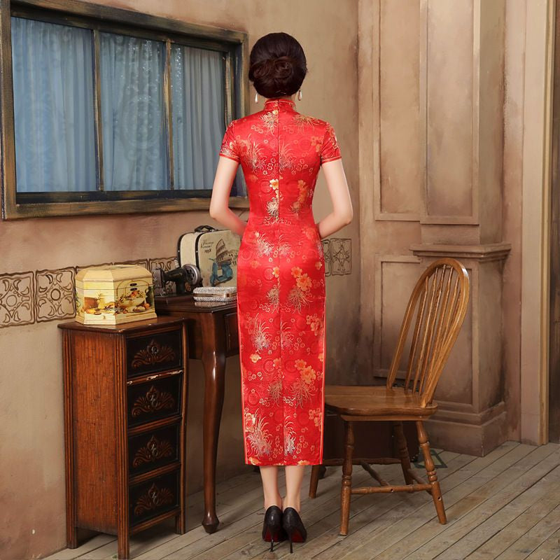 Short-Sleeve Jacquard Midi Cheongsam