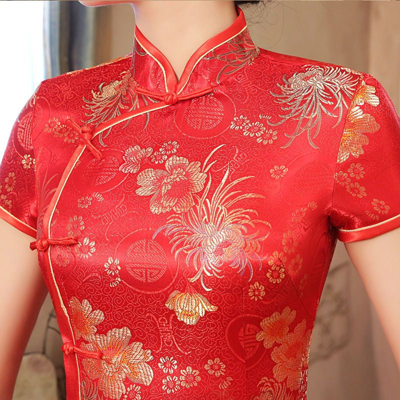 Short-Sleeve Jacquard Midi Cheongsam