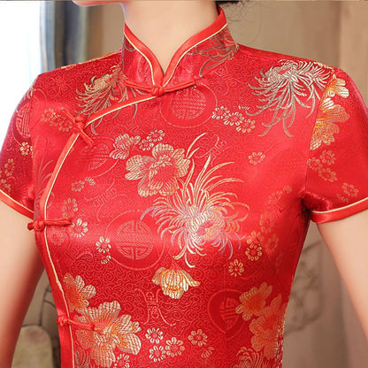 Short-Sleeve Jacquard Midi Cheongsam