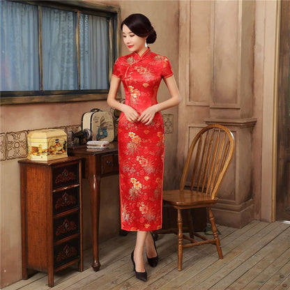 Short-Sleeve Jacquard Midi Cheongsam