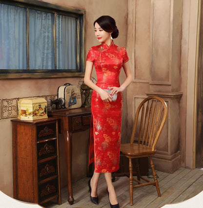 Short-Sleeve Jacquard Midi Cheongsam