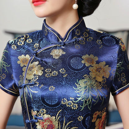 Short-Sleeve Jacquard Midi Cheongsam
