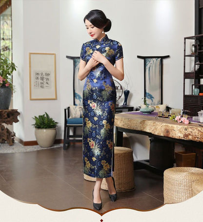 Short-Sleeve Jacquard Midi Cheongsam