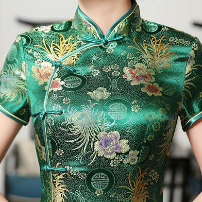 Short-Sleeve Jacquard Midi Cheongsam