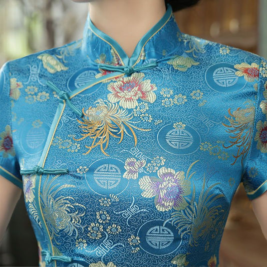 Short-Sleeve Printed Midi Cheongsam