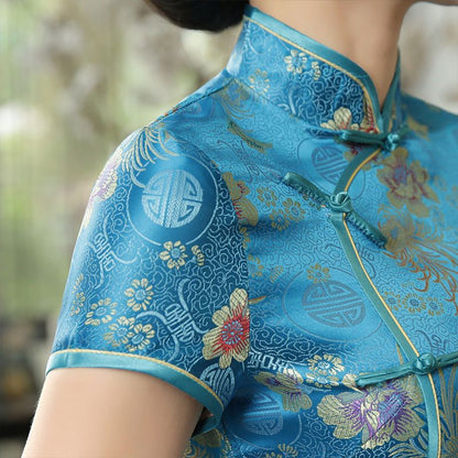 Short-Sleeve Printed Midi Cheongsam