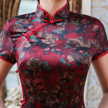 Short-Sleeve Printed Short Cheongsam