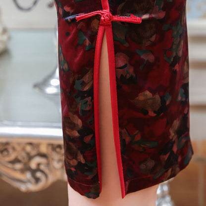 Short-Sleeve Printed Short Cheongsam