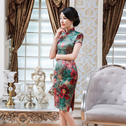Short-Sleeve Printed Short Cheongsam