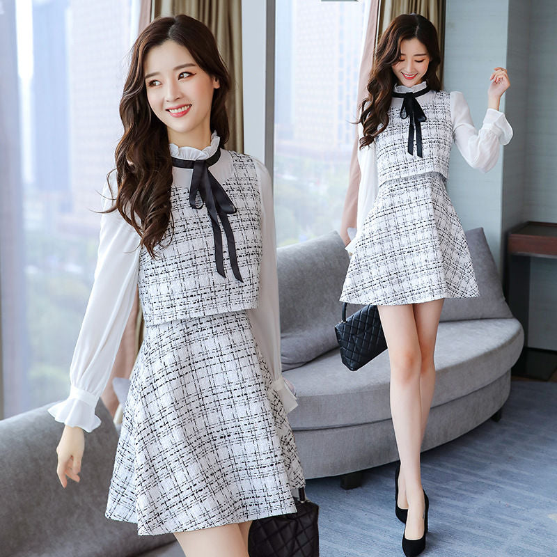 Long Sleeve Ruffled Collar Tweed Mock Two-Piece Dress