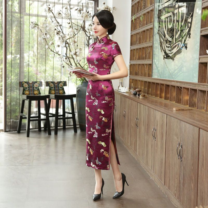 Short-Sleeve Butterfly Satin Maxi Cheongsam
