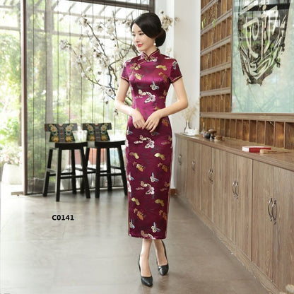 Short-Sleeve Butterfly Satin Maxi Cheongsam