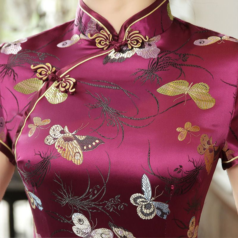 Short-Sleeve Butterfly Satin Maxi Cheongsam