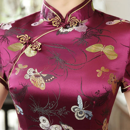 Short-Sleeve Butterfly Satin Maxi Cheongsam