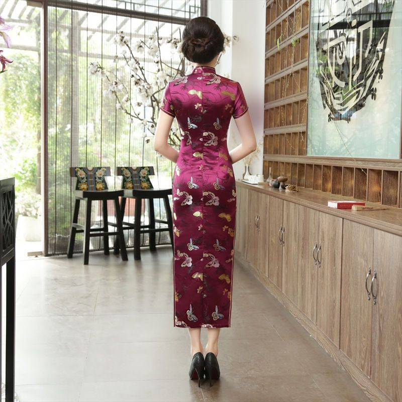 Short-Sleeve Butterfly Satin Maxi Cheongsam