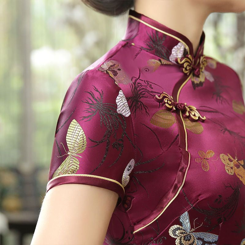 Short-Sleeve Butterfly Satin Maxi Cheongsam