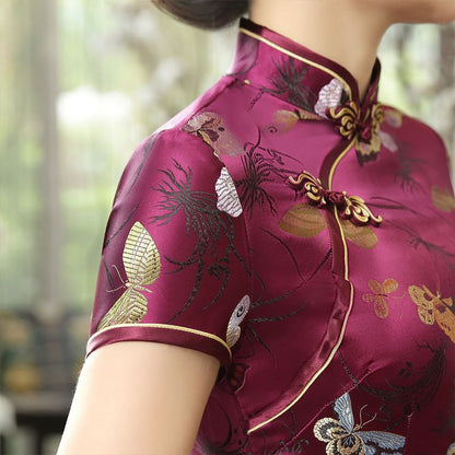 Short-Sleeve Butterfly Satin Maxi Cheongsam