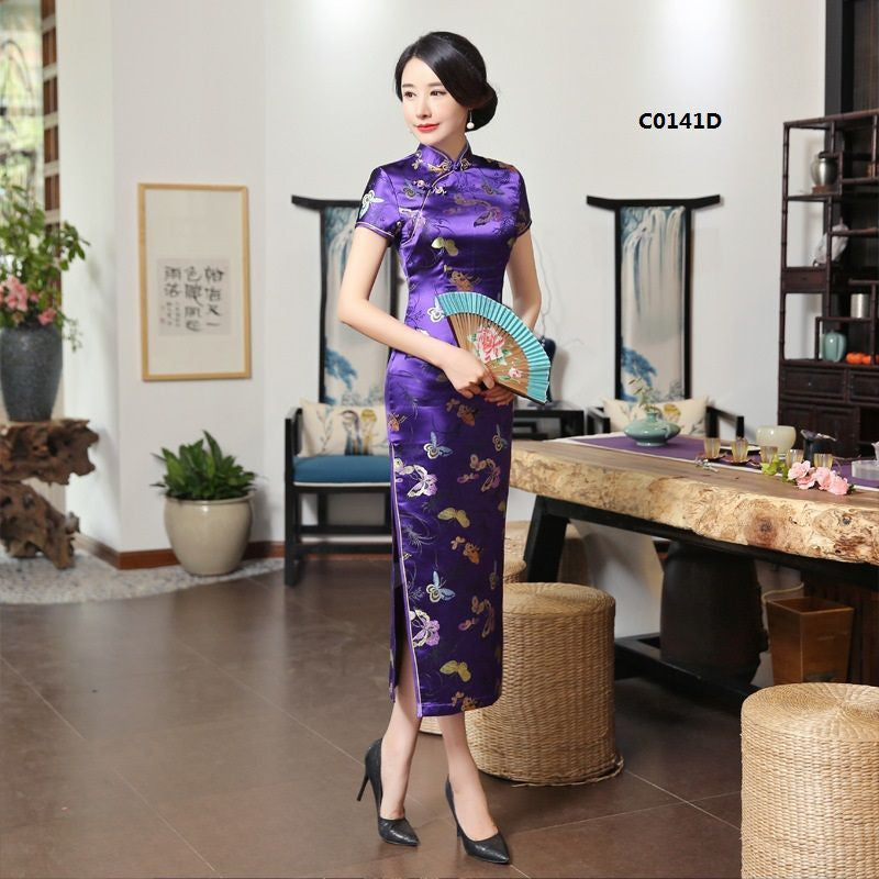 Short-Sleeve Butterfly Satin Maxi Cheongsam