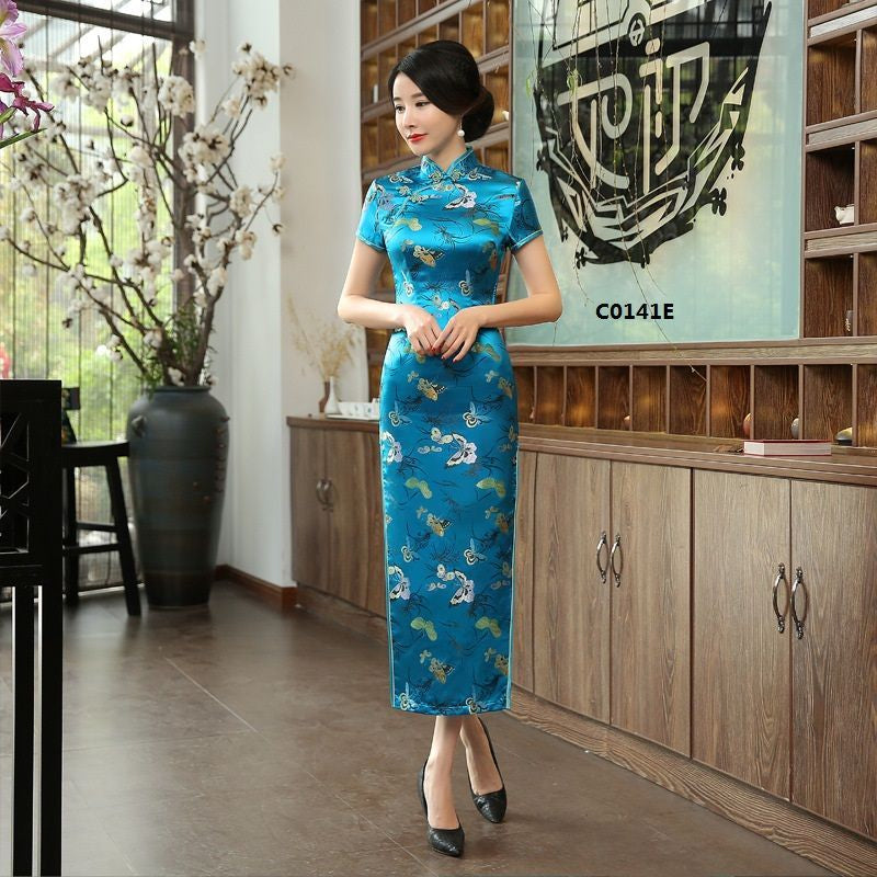Short-Sleeve Butterfly Satin Maxi Cheongsam