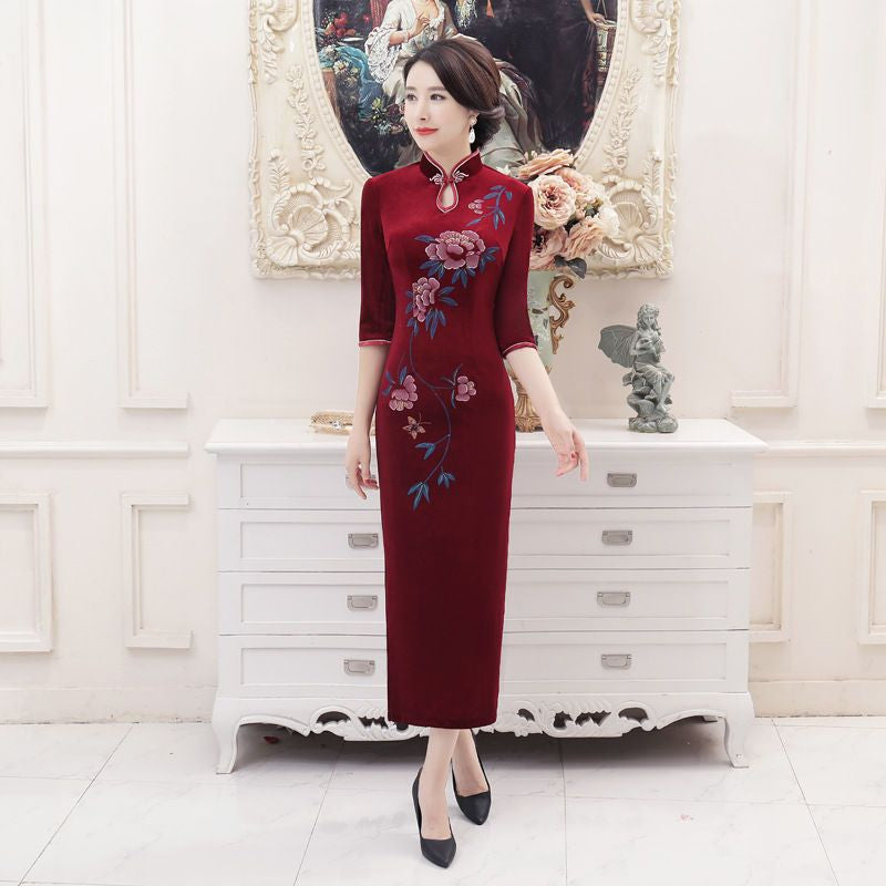 3/4-Sleeve Printed Keyhole Maxi Cheongsam