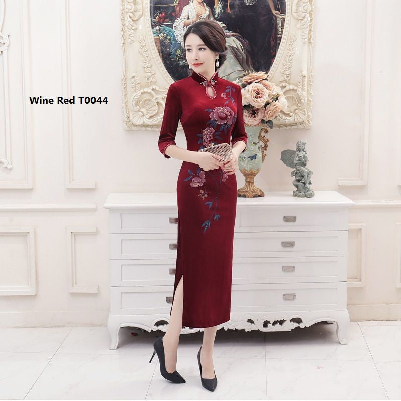 3/4-Sleeve Printed Keyhole Maxi Cheongsam