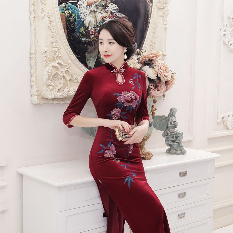 3/4-Sleeve Printed Keyhole Maxi Cheongsam