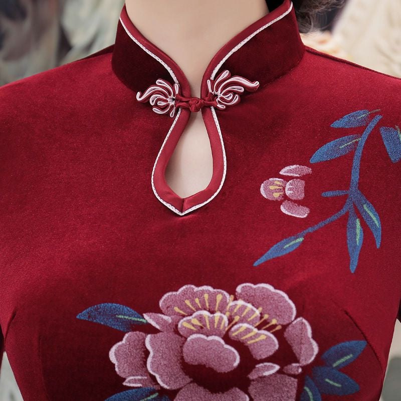 3/4-Sleeve Printed Keyhole Maxi Cheongsam