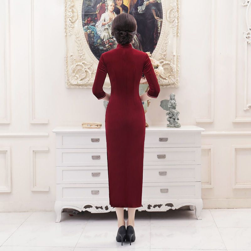 3/4-Sleeve Printed Keyhole Maxi Cheongsam