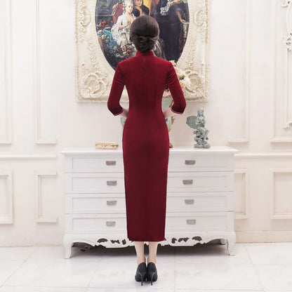 3/4-Sleeve Printed Keyhole Maxi Cheongsam