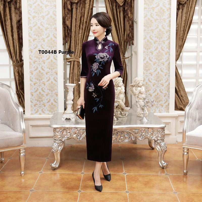 3/4-Sleeve Printed Keyhole Maxi Cheongsam