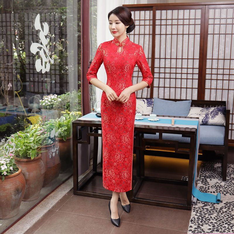 3/4-Sleeve Lace Midi Cheongsam