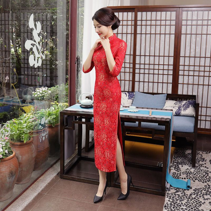 3/4-Sleeve Lace Midi Cheongsam
